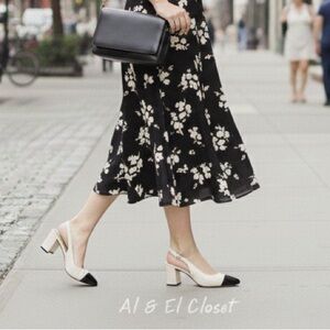 Veronica Beard Cecile Slingback Pumps Ivory Croc Leather Black Cap Toe Size 9M